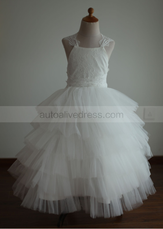 Ivory Lace Puffy Tulle Tea Length Flower Girl Dress